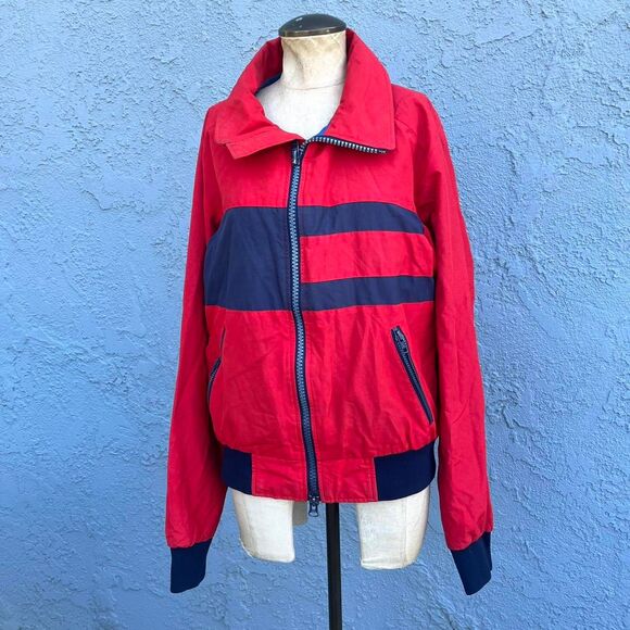 Red 80s Color Block Windbreaker Preppy Jacket Size Large - Picture 1 of 8